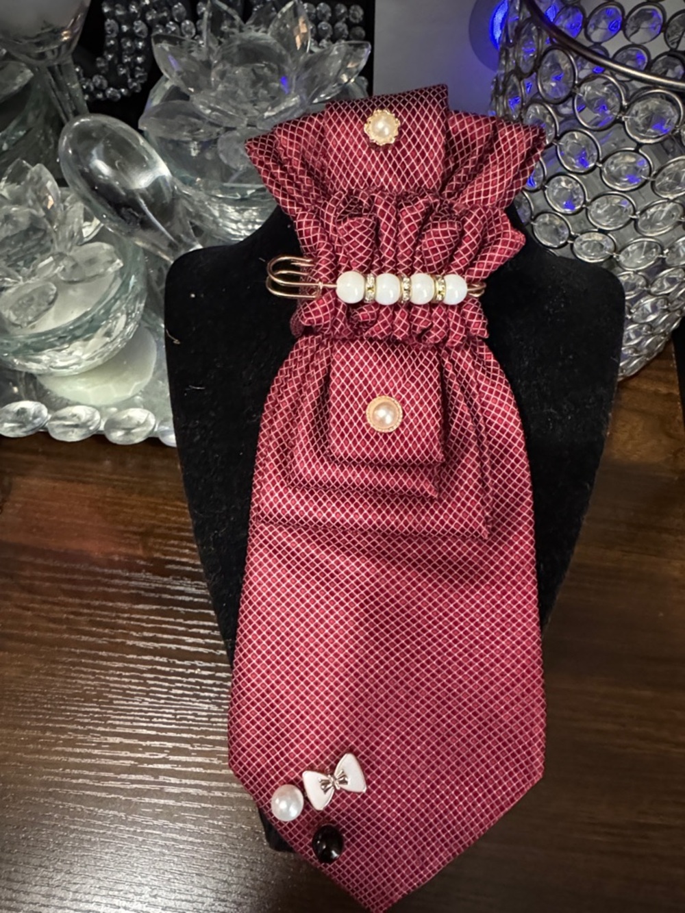 Elegant Raspberry Pink tie with Pearl and Bow Accents